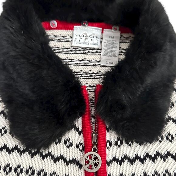 Vtg Villager Sport Petite M Fair Isle Sweater Faux Fur Collar Full Zip Holiday - Picture 6 of 10